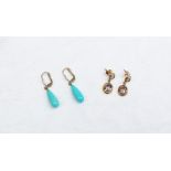 A pair of 9ct yellow gold turquoise set drop earrings together with a pair of amethyst set earrings