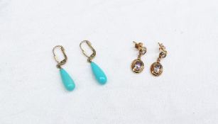 A pair of 9ct yellow gold turquoise set drop earrings together with a pair of amethyst set earrings