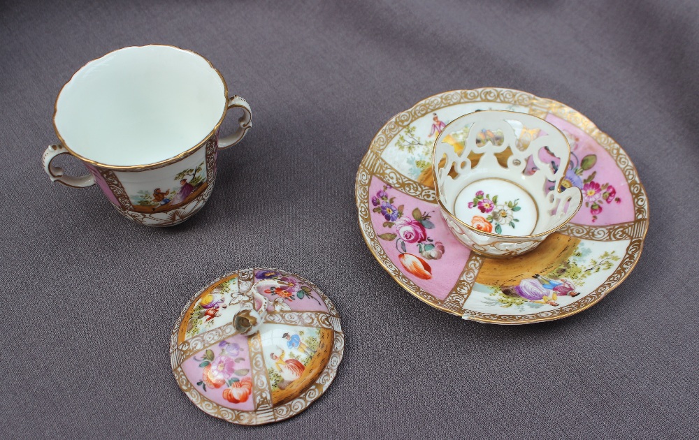 A 19th century continental twin handled chocolate cup, cover and saucer painted with panels of - Image 5 of 5