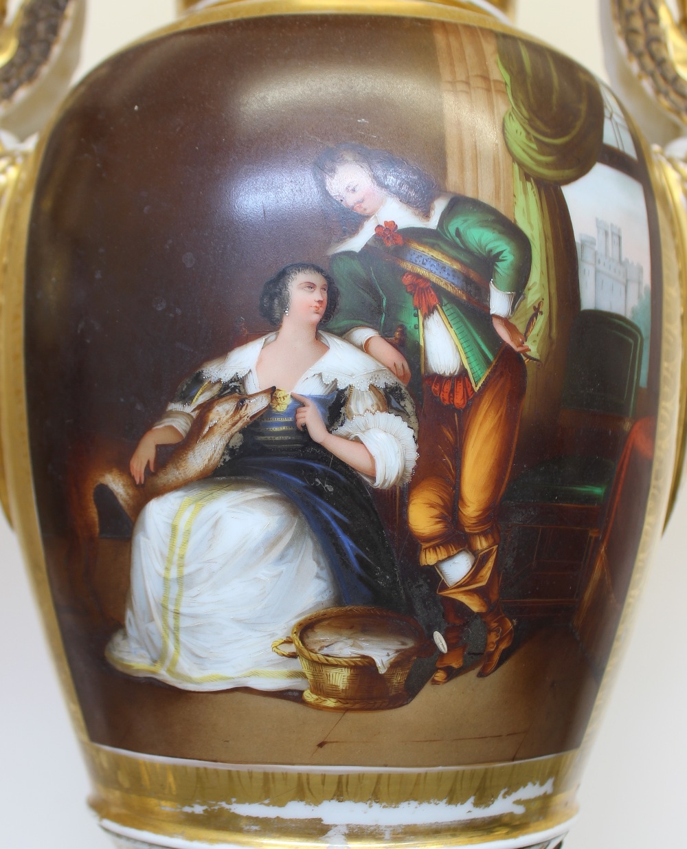 A pair of Paris porcelain twin swan neck handled vases painted to one side with landscape scenes - Image 3 of 7