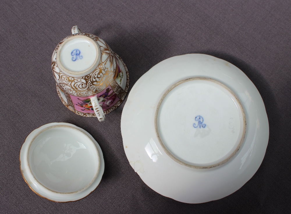 A 19th century continental twin handled chocolate cup, cover and saucer painted with panels of - Image 3 of 5