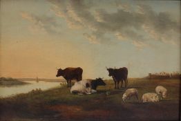 In the style of T S Cooper
Cattle and sheep in a landscape
Oil on canvas
40.5 x 60.