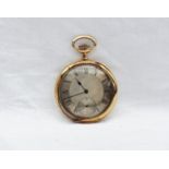 An 18ct yellow gold open faced keyless wound pocket watch, the silvered dial with Roman numerals,