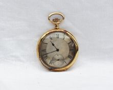 An 18ct yellow gold open faced keyless wound pocket watch, the silvered dial with Roman numerals,