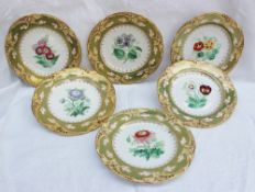 A set of six 19th century English porcelain cabinet plates painted with botanicals to a green gilt