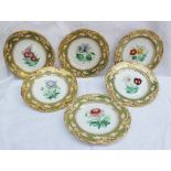 A set of six 19th century English porcelain cabinet plates painted with botanicals to a green gilt