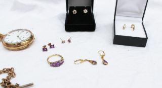 A 9ct yellow gold amethyst set dress ring, together with amethyst set earrings, other earrings,