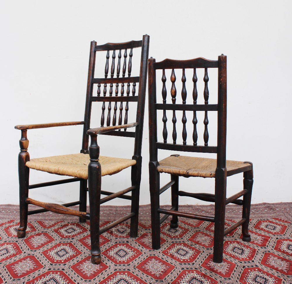 A set of five 19th century spindle back dining chairs with rush seats on tapering cylindrical front - Image 2 of 2