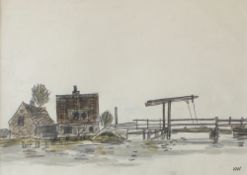 Sir Kyffin Williams
Bridge Holland
Watercolour and charcoal
Initialled
24 x 34cm 
Albany Gallery