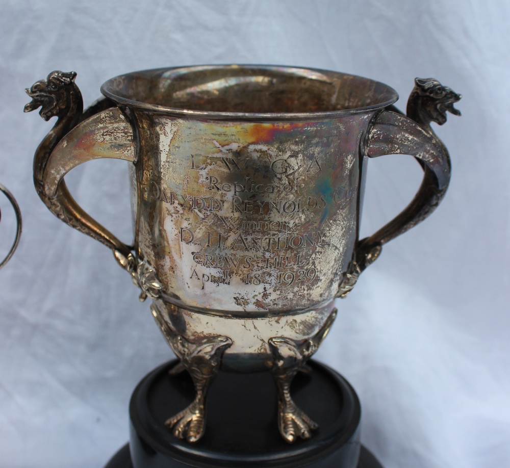 A George V silver twin handled trophy cup with dragon handles on four paw feet, London, 1929, - Image 3 of 4