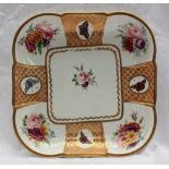 A Swansea porcelain dish of square form, painted with vignettes of butterflies and sprays of