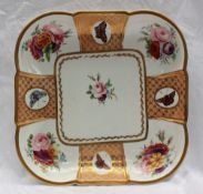 A Swansea porcelain dish of square form, painted with vignettes of butterflies and sprays of