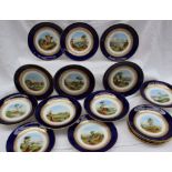 A 19th century porcelain dessert set each piece painted with landscape scenes within a Royal blue