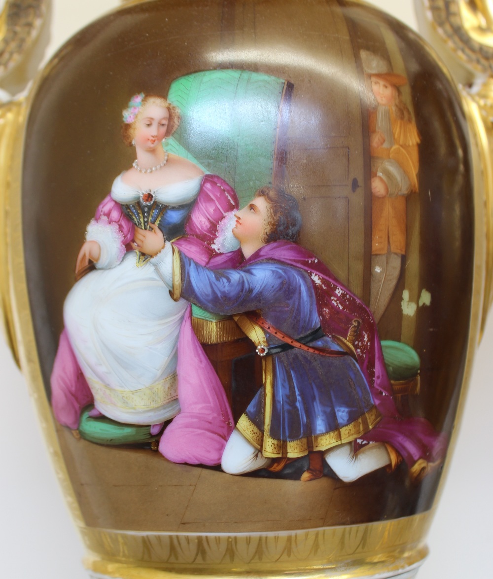 A pair of Paris porcelain twin swan neck handled vases painted to one side with landscape scenes - Image 2 of 7