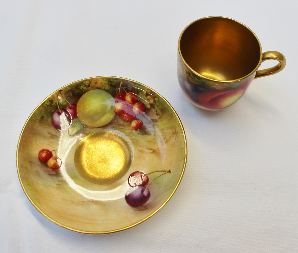 A Royal Worcester cabinet coffee can and saucer, the can painted with peaches and black grapes in