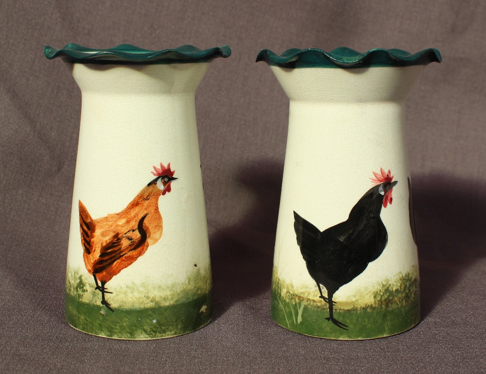 A pair of Wemyss ware pottery flared vases decorated with a black cockerel and hen to the one and - Image 2 of 4