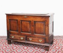 An 18th century oak coffer the panelled planked rectangular top above a three panelled front and