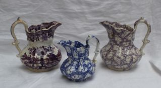 Three Dillwyn Swansea pottery jugs decorated in the Ivy Sheet and Oriental baskets patterns in