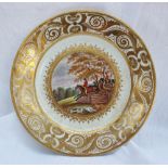 A Derby porcelain cabinet plate, painted with a fox hunting scene in the style of William Cotton,
