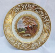 A Derby porcelain cabinet plate, painted with a fox hunting scene in the style of William Cotton,