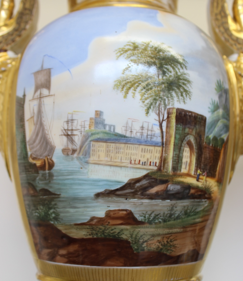 A pair of Paris porcelain twin swan neck handled vases painted to one side with landscape scenes - Image 4 of 7