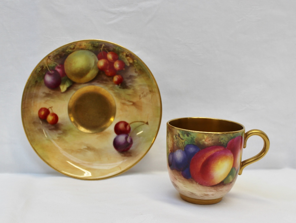 A Royal Worcester cabinet coffee can and saucer, the can painted with peaches and black grapes in - Image 3 of 4