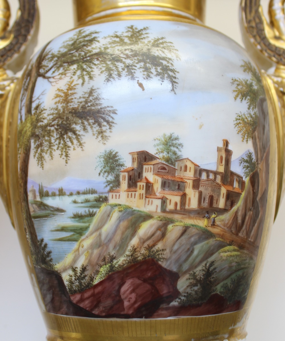 A pair of Paris porcelain twin swan neck handled vases painted to one side with landscape scenes - Image 5 of 7