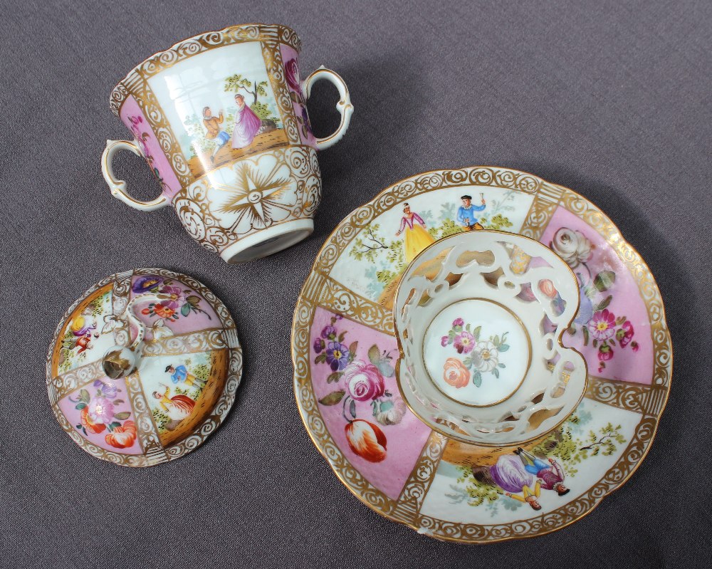 A 19th century continental twin handled chocolate cup, cover and saucer painted with panels of - Image 4 of 5