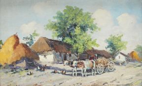 20th century continental School
Cattle pulling a cart in a farmyard
Oil on canvas
13 x 37.