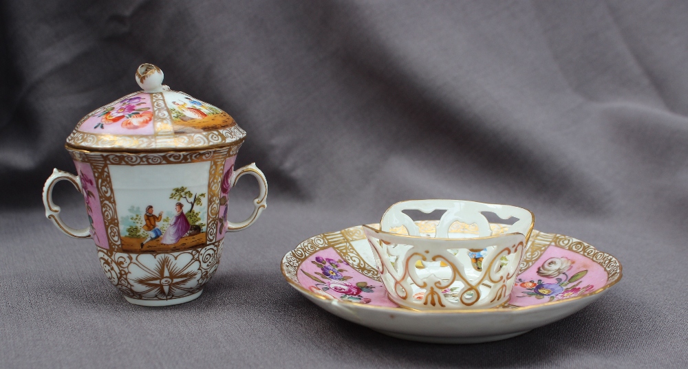 A 19th century continental twin handled chocolate cup, cover and saucer painted with panels of - Image 2 of 5