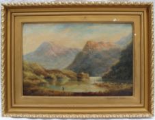 19th century British
A Scottish Highland loch scene with a fisherman in the foreground
Oil on