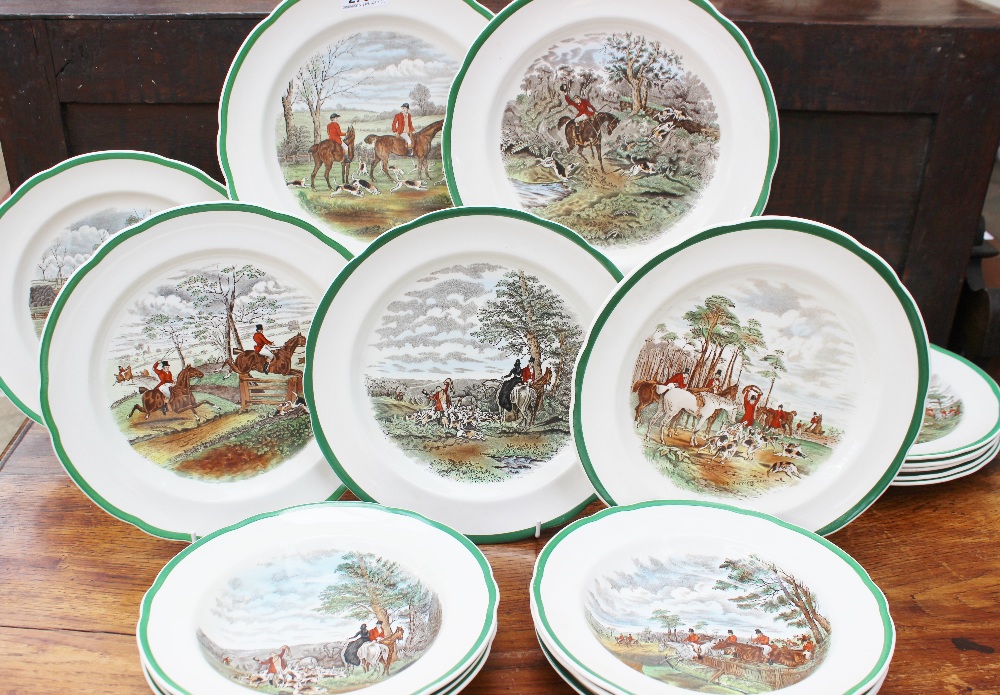 A Spode part Dinner Service transfer printed and infill decorated with scenes from "The Hunt" from
