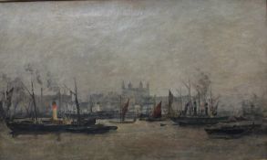 In the Style of Francois Daubigny
A harbour scene with a city beyond
Oil on canvas
Signed
58 x