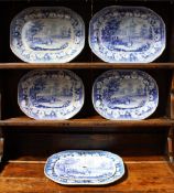 Five blue and white pottery meat dishes and a strainer plate possibly  by Swansea, "Cows Crossing