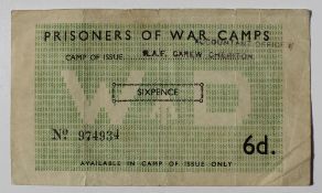 Prisoner of War camp bank note, 6d (1939-1945), serial number 974934, green, WD in white at centre,