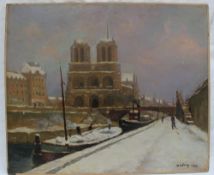 In the style of Albert Charles Lebourg
A river scene with a cathedral in the background
Oil on