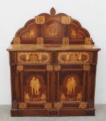 A continental inlaid and fret decorated chiffonier the raised back with marquetry decoration of