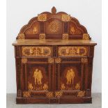 A continental inlaid and fret decorated chiffonier the raised back with marquetry decoration of