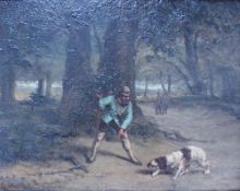 G Courbet
A Huntsman and dog in a wooded landscape
Oil on board
Signed
24 x 31cm