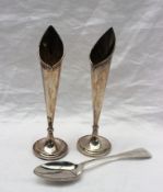 A pair of Edward VII silver bud vases of pointed shape with bead decoration on spreading foot,