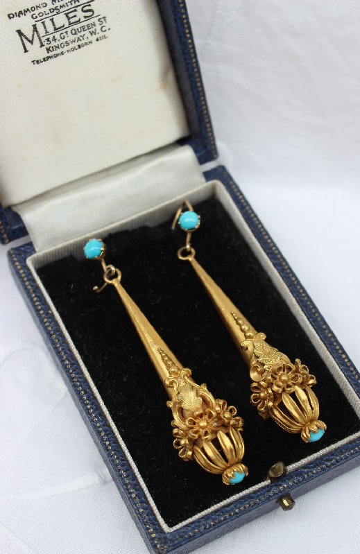 A pair of Victorian gilt metal and turquoise drop earrings, of pendant drop shape decorated with - Image 4 of 4