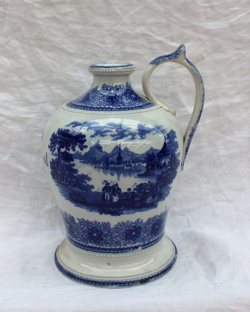 A Swansea blue and white baluster flask with a beaded top and single handle decorated with figures - Image 2 of 8