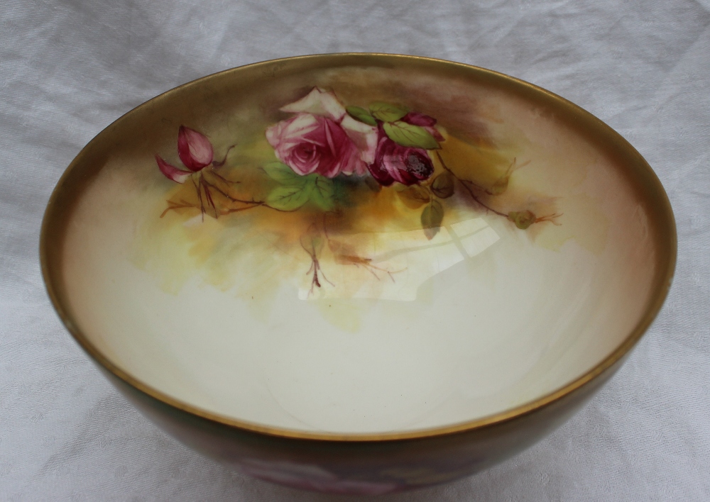 A Royal Worcester porcelain bowl painted with roses and leaves to a blush ivory ground, signed R - Image 3 of 9