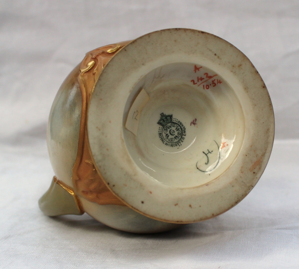 A Royal Worcester porcelain jug, painted with roses and leaves to a blush ivory ground, with moulded - Image 3 of 3