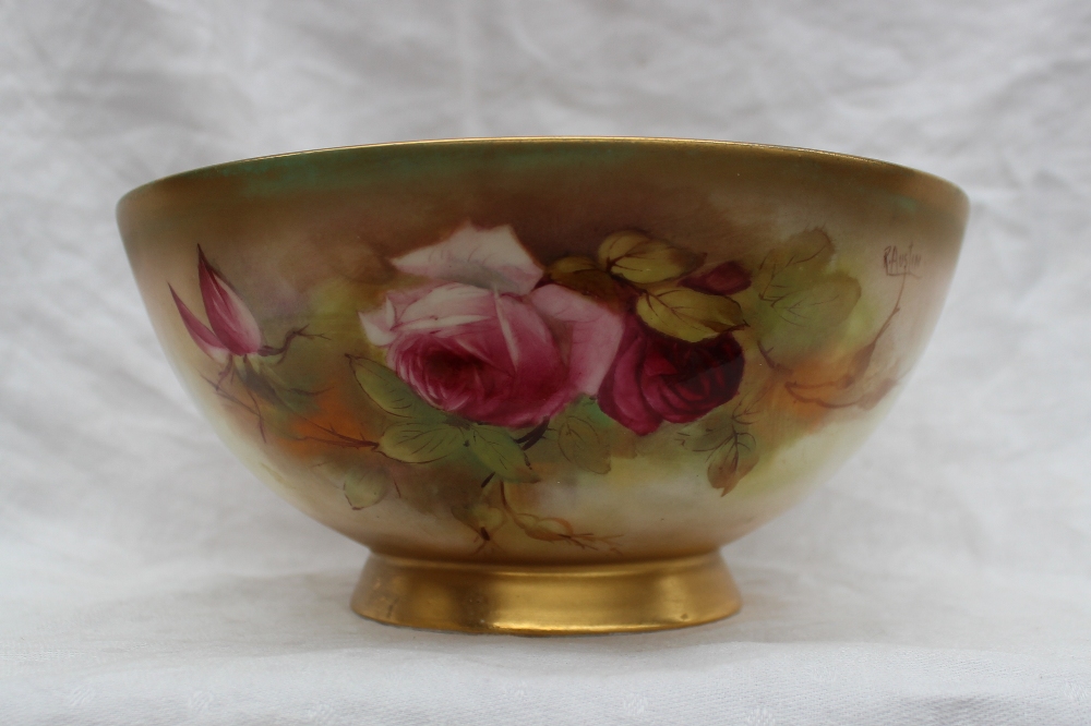 A Royal Worcester porcelain bowl painted with roses and leaves to a blush ivory ground, signed R - Image 2 of 9