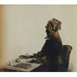 A Victorian cut paper and painted silhouette depicting a a lady seated at a desk,