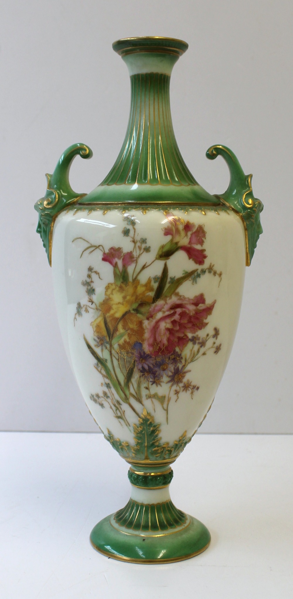 A Royal Worcester twin handled vase of ovoid shape with green ground, gilt lined fluted narrow - Image 2 of 5
