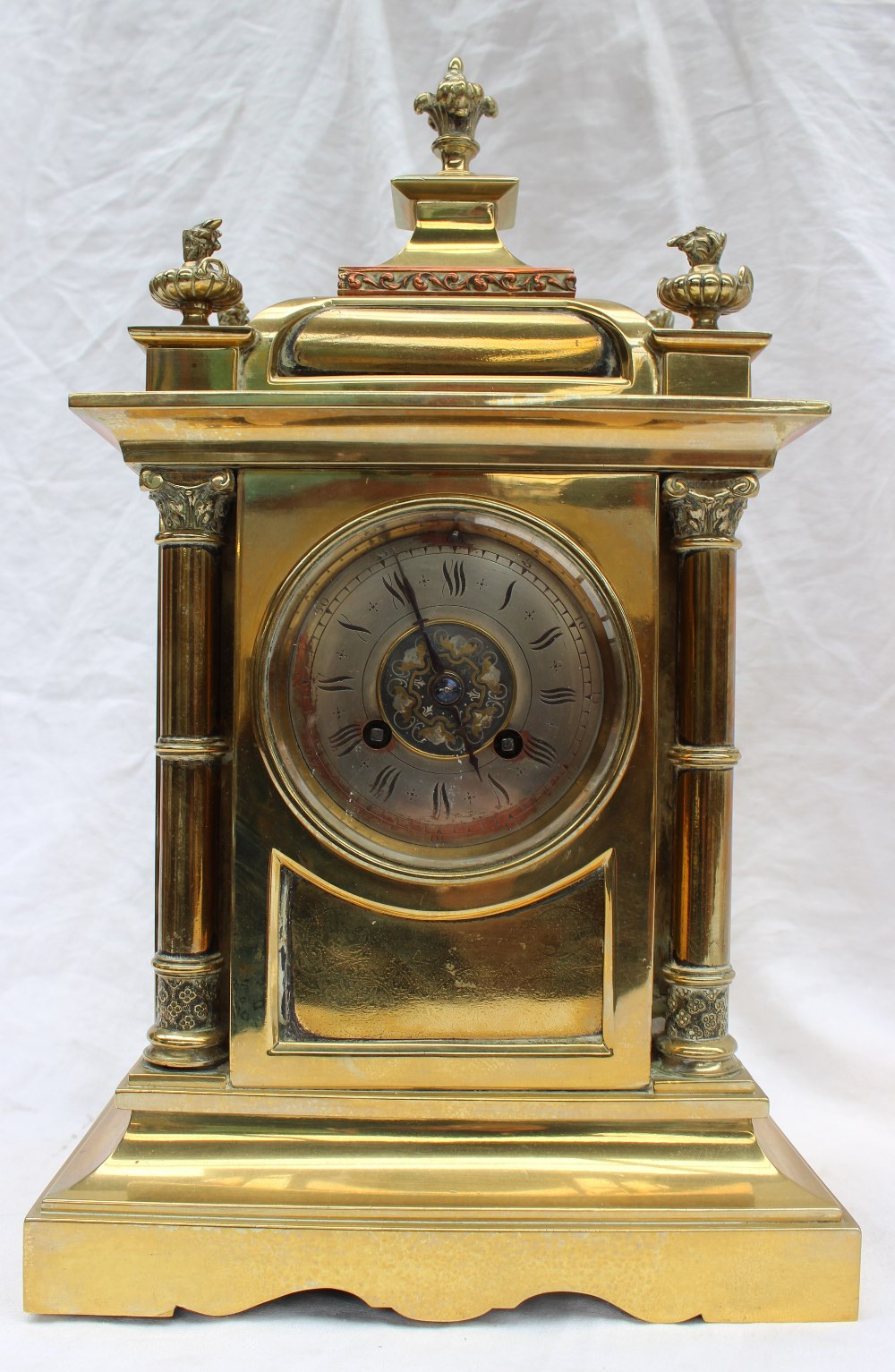 A 19th century brass mantle clock, with a domed top and flame finials, - Image 3 of 8
