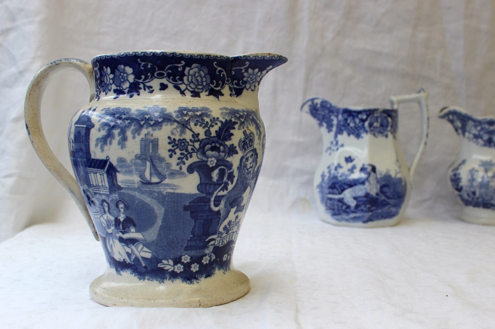 A 19th century pottery jug with blue and white transfer decoration of a setter with a game bird in - Image 3 of 9