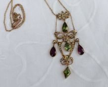 Suffragette interest - An Edwardian amethyst, seed pearl and peridot pendant, in a yellow metal